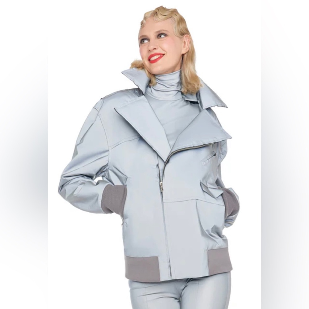 Norma Kamali Reflective Silver Gray Oversized Moto Jacket